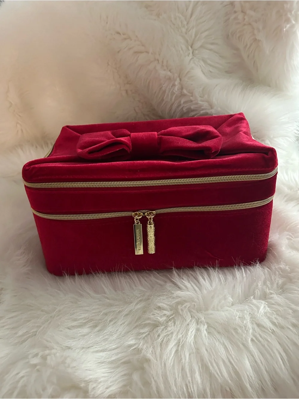 Estee Lauder large  Red Velvet Bow Cosmetic Bag with Gold Zipper